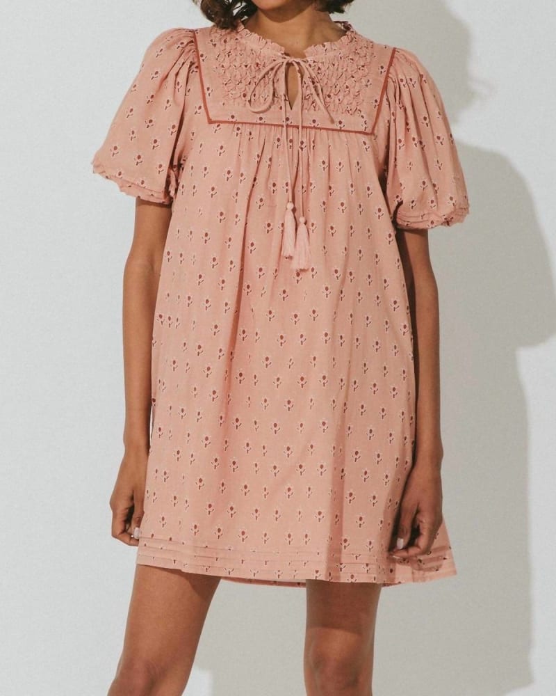 Front of a model wearing a size Large Sybil Mini Dress in Petal in Petal by Cleobella. | dia_product_style_image_id:342766